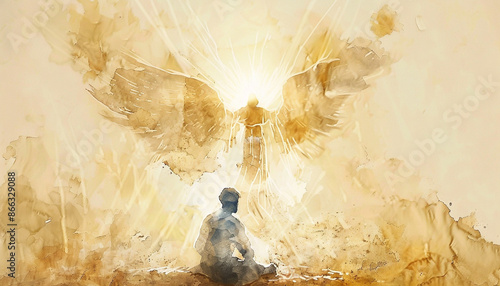 A watercolor illustration of an angel standing above Mary, who is sitting on the ground and looking up at her in awe as she wears white, photo