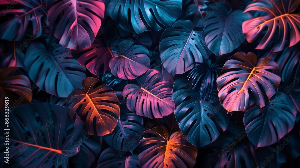 Neon Tropical Leaf Pattern Background, Vibrant Color Monstera Leaves Closeup. Neon Tropical Leaf Pattern Background, Vibrant Color Monstera Leaves Closeup.