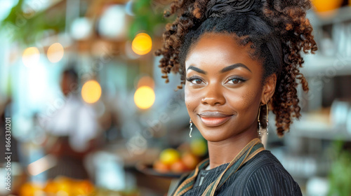 Afro american Young woman with curly hair smiles at the camera in a cafe