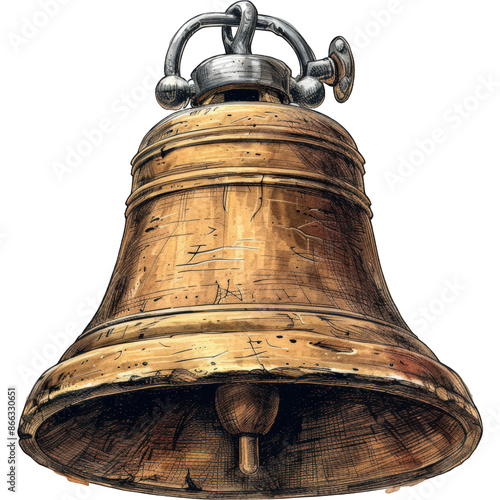 A detailed illustration of an old brass bell with a worn and weathered surface. The bell has a thick rim and a large, open mouth photo