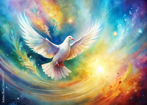 Vibrant watercolor background features a gentle dove, symbol of the Holy Spirit, gracefully descending amidst swirling abstract colors and soft, ethereal textures.