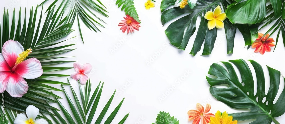 Summer flat lay with tropical foliage and blooms on white backdrop with room for text Summer flat lay with tropical foliage and blooms on white backdrop with room for text