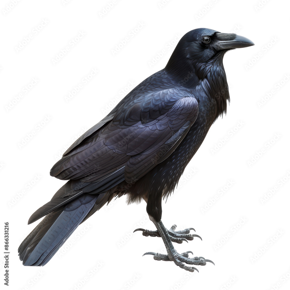 Close-up of a glossy black crow standing on a white background, showcasing its detailed feathers and strong beak. Close-up of a glossy black crow standing on a white background, showcasing its detailed feathers and strong beak.