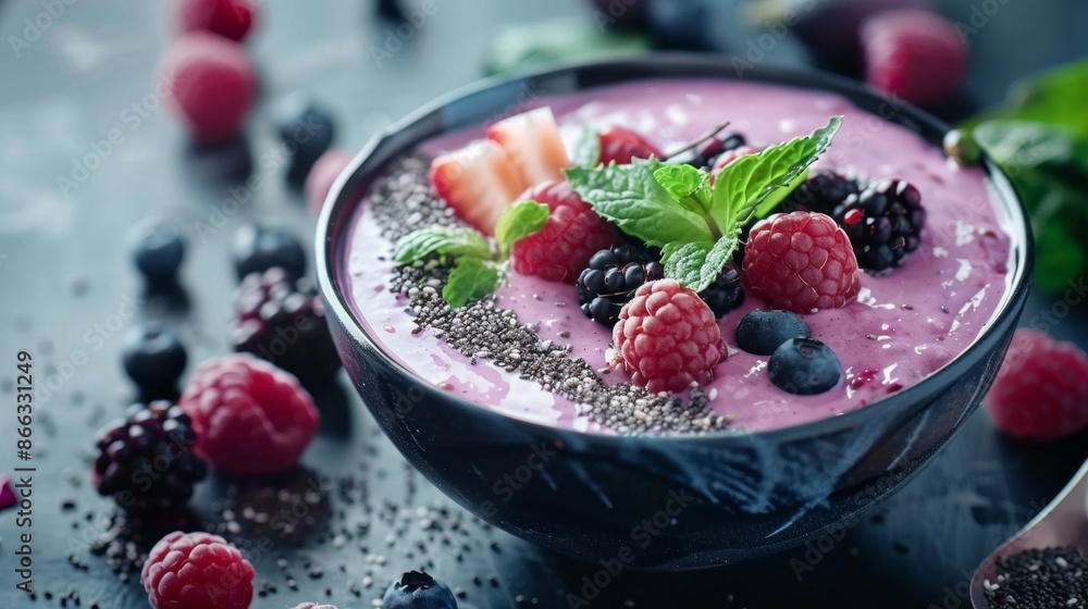 A close-up of a vibrant acai bowl with a creamy base topped with fresh berries, chia seeds, and a sprig of mint. The bowl is set against a dark background A close-up of a vibrant acai bowl with a creamy base topped with fresh berries, chia seeds, and a sprig of mint. The bowl is set against a dark background