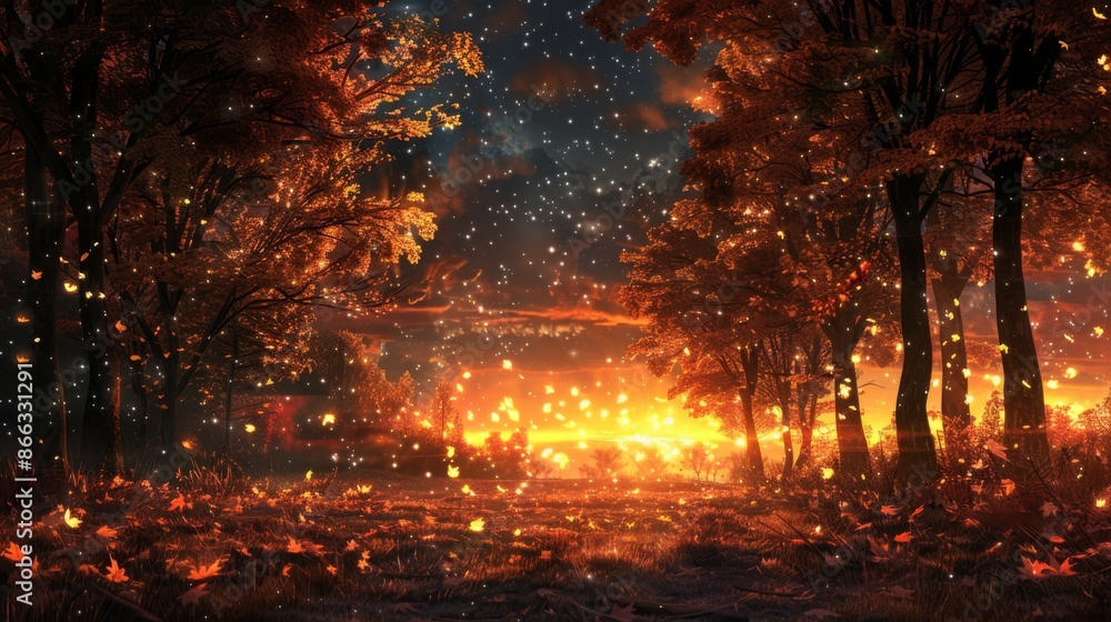 Magical autumn forest scene with glowing light and falling leaves.  Fantasy landscape with mystical light, nature, and magical feel.