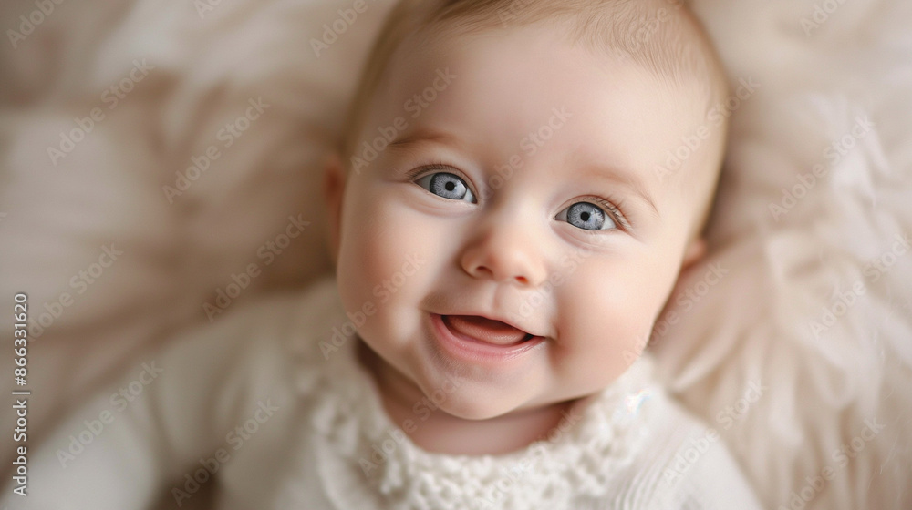 Close-up natural baby expressions with copy space, a close-up image of a baby with a delighted expression, set against a soft white or cream background Close-up natural baby expressions with copy space, a close-up image of a baby with a delighted expression, set against a soft white or cream background