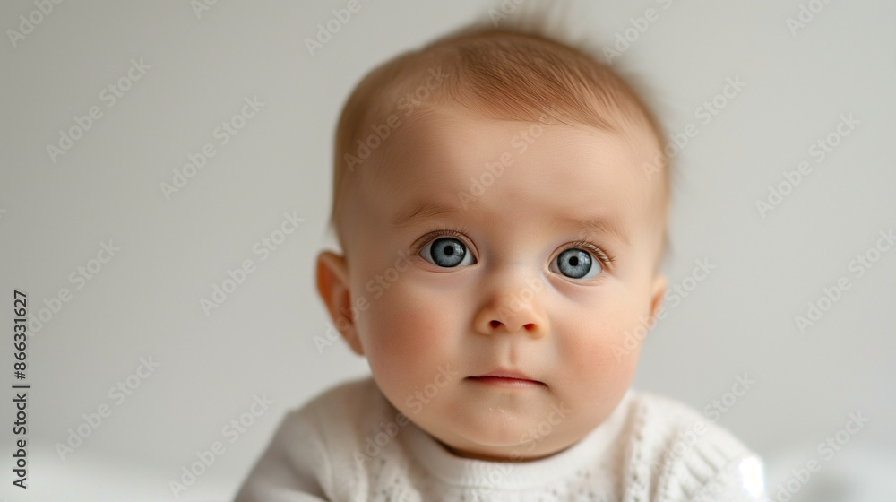 Close-up natural baby expressions with copy space, a close-up photo of a baby showing an inquisitive look, with a white or cream background Close-up natural baby expressions with copy space, a close-up photo of a baby showing an inquisitive look, with a white or cream background