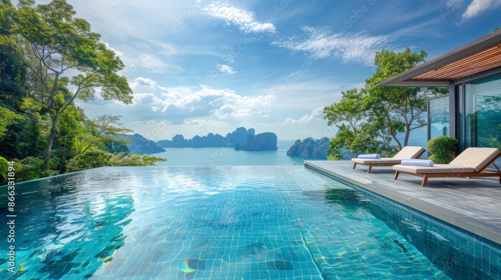 Fototapeta premium Luxury infinity pool overlooking tropical sea and mountains with deck chairs and modern villa. Perfect for a relaxing vacation and getaway.