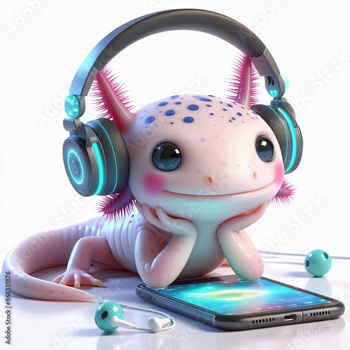 Cute Axolotl Listening Music With wireless Headphone 3d  Generative AI