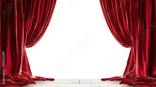 Elegant red stage curtains opening to reveal a dramatic entrance, suitable for theater, performance, and show concept visuals.