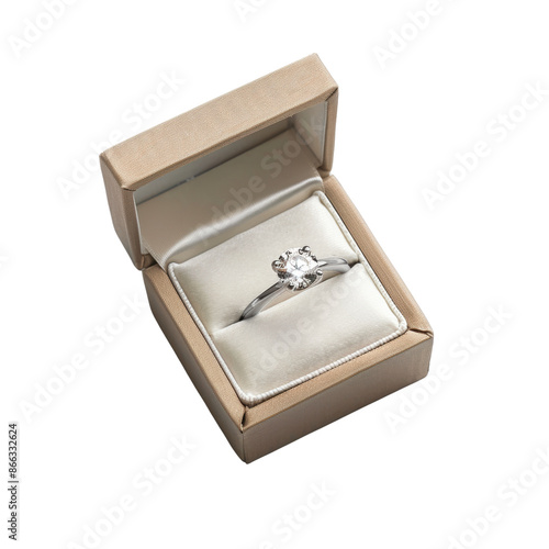 Elegant white gold engagement ring with a dazzling diamond in a beige velvet-lined box. Perfect for proposals, anniversaries, and special occasions.