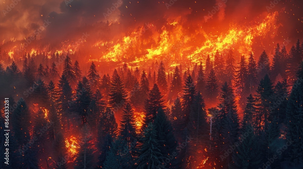 Forest fire, many acres of pine trees burn down during the dry season. Wildfire burns in the forest. The concept of global cataclysms on earth Forest fire, many acres of pine trees burn down during the dry season. Wildfire burns in the forest. The concept of global cataclysms on earth