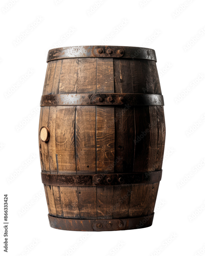 Rustic wooden barrel isolated on white background, perfect for vintage decor or storage themes. Rustic wooden barrel isolated on white background, perfect for vintage decor or storage themes.