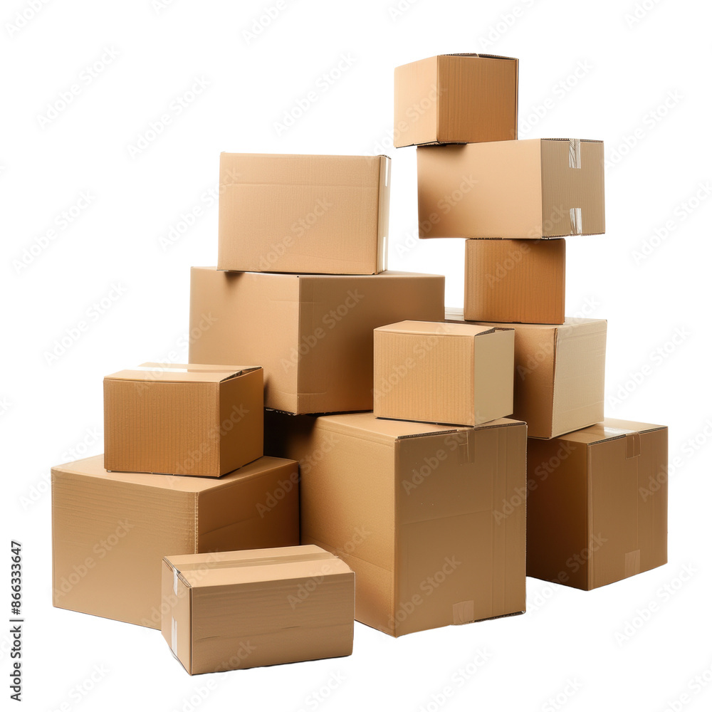 Stack of brown cardboard boxes isolated on a white background, ideal for moving, shipping, and storage purposes. Stack of brown cardboard boxes isolated on a white background, ideal for moving, shipping, and storage purposes.
