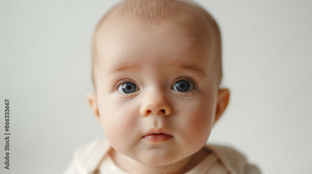 Close-up natural baby expressions with copy space, a close-up photo of a baby with a curious expression, with a white or cream background Close-up natural baby expressions with copy space, a close-up photo of a baby with a curious expression, with a white or cream background