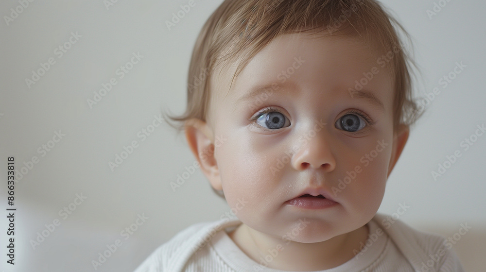 Close-up natural baby expressions with copy space, a close-up photo of a baby with a thoughtful look, against a soft white or cream background Close-up natural baby expressions with copy space, a close-up photo of a baby with a thoughtful look, against a soft white or cream background