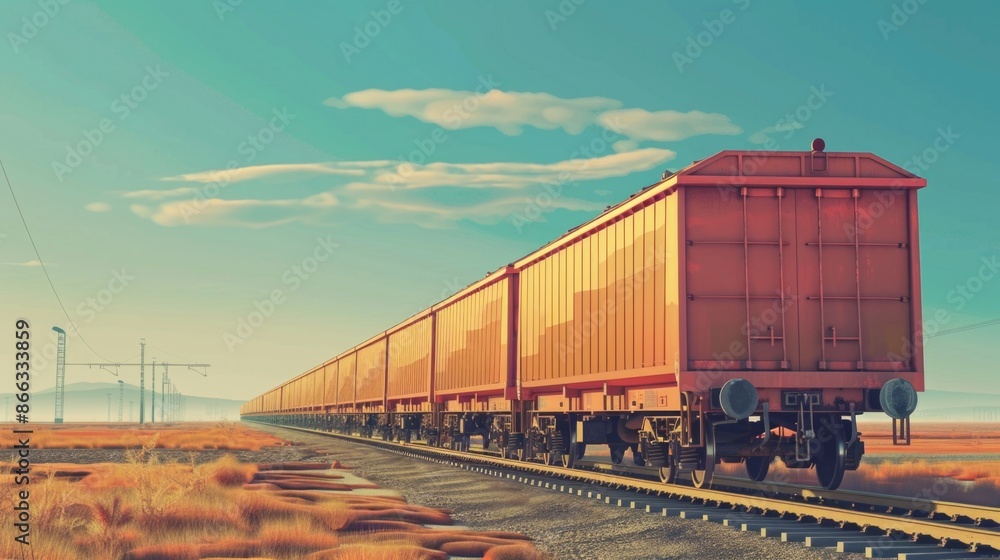 Obraz premium Freight train. Rear view of the last wagon of a freight train. Wagons with goods delivery. Distribution and freight transportation using railroads.