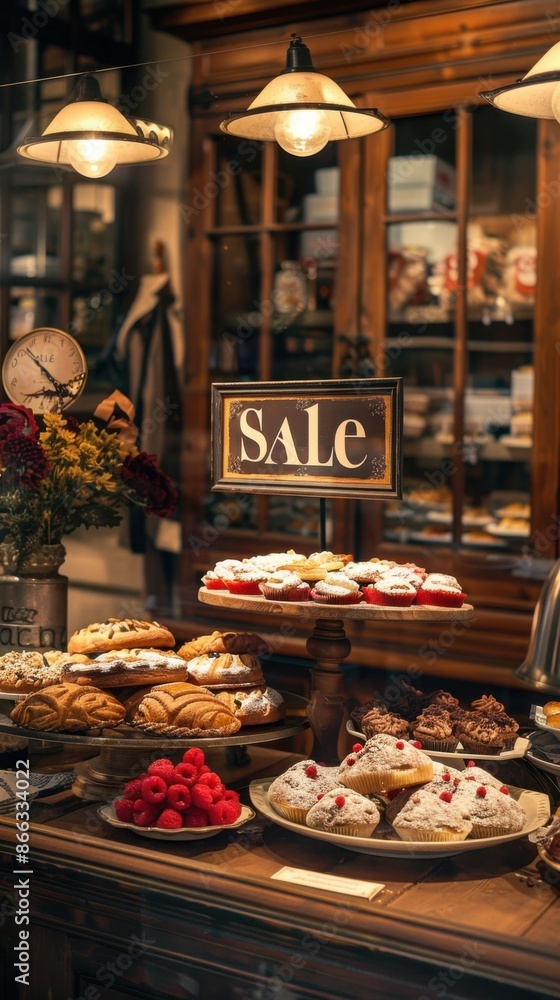 Cozy bakery with warm lighting and fresh baked goods sale sign Cozy bakery with warm lighting and fresh baked goods sale sign