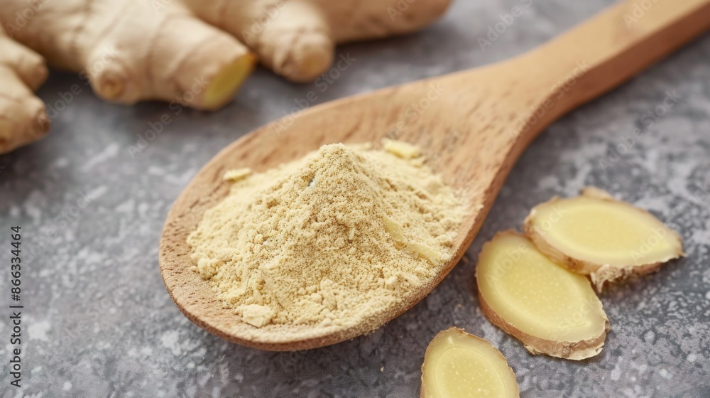 Fototapeta premium Fresh ginger root and dry ground ginger in a wooden spoon. Powder ginger close-up. Top view