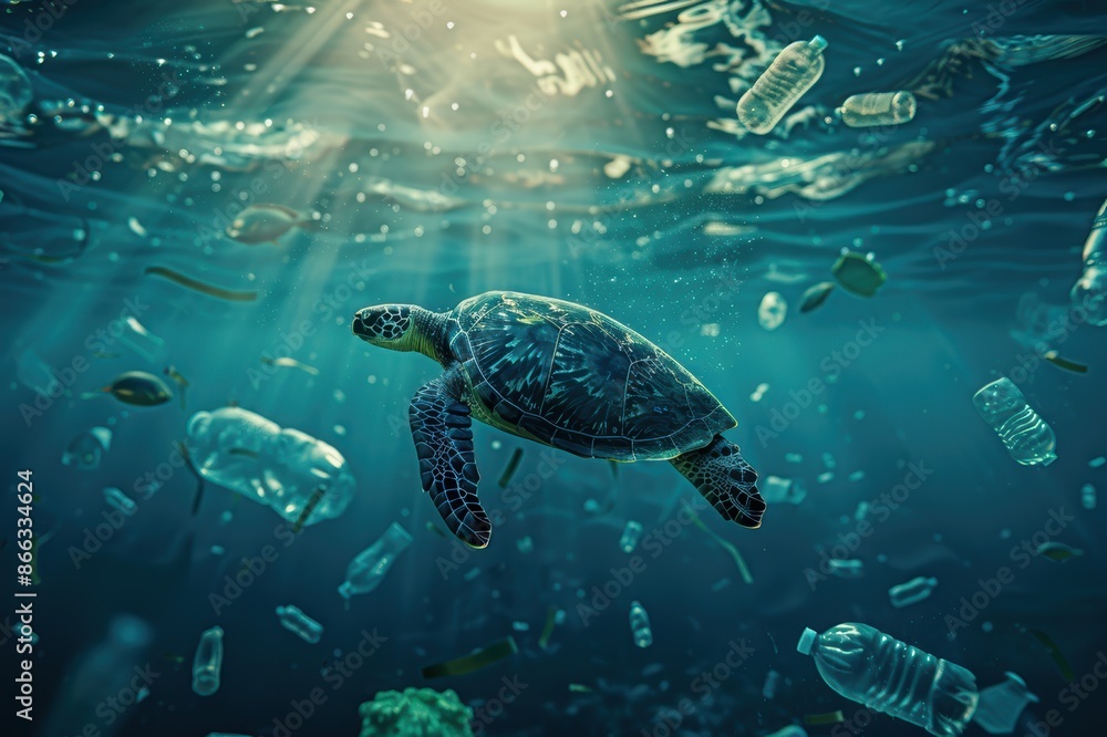 Fototapeta premium A lone turtle swimming among floating plastic bottles