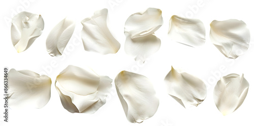 Collection of white flower petals isolated on a white background