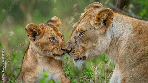 This photo shows a cub and its mother in Kruger National Park, South Africa. As predators, lions depend on each other for survival. photo