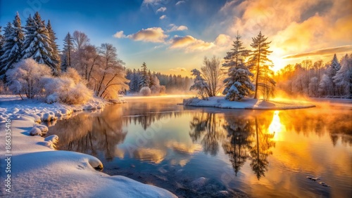 Serene winter landscape featuring vibrant sunrise hues casting golden light on frozen lake's intricate ice formations, surrounded by snow-covered trees and misty atmosphere. photo