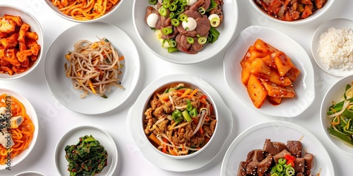 Realistic highdefinition 8K image of Korean cuisine spread on white background. Concept Korean Cuisine, Food Photography, White Background, High Definition, 8K Image photo