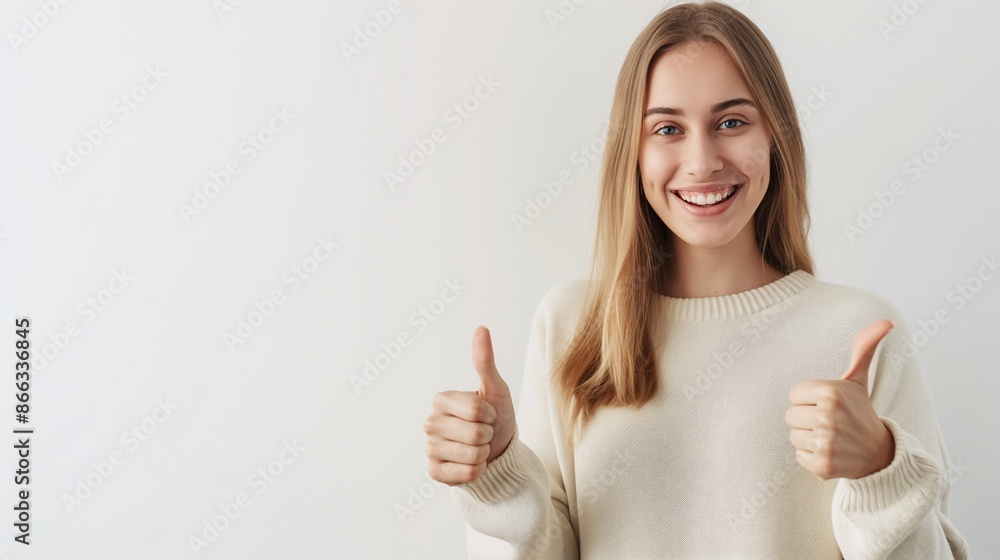 A caucasian woman standing smiling and thumbs up on a white background with copy space A caucasian woman standing smiling and thumbs up on a white background with copy space