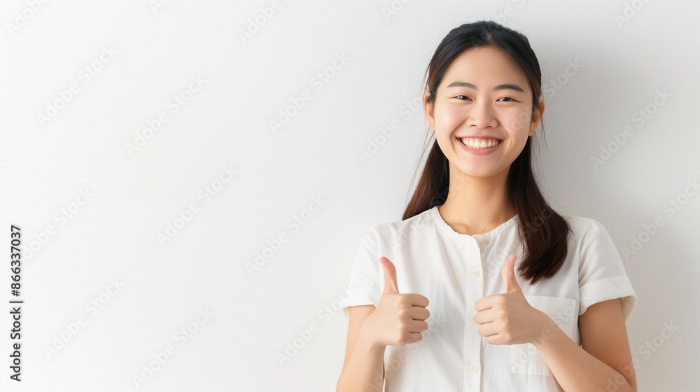 An Asian woman standing smiling and thumbs up on a white background with copy space An Asian woman standing smiling and thumbs up on a white background with copy space
