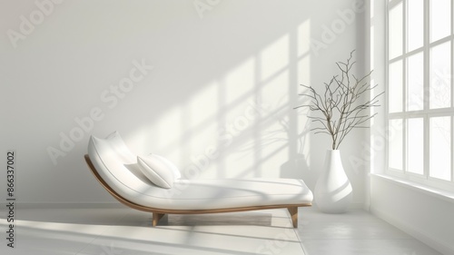 Minimalist white room interior with modern chaise lounge chair, large window, and natural light. Concept of serenity, relaxation, and tranquility. photo