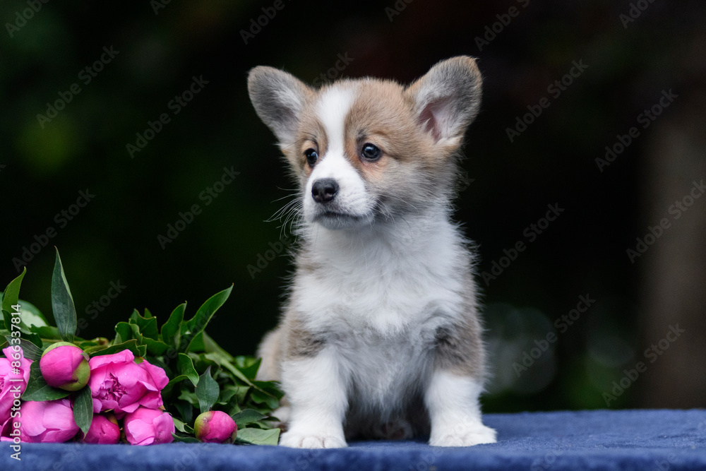 Obraz premium A cute corgi puppy poses with peonies