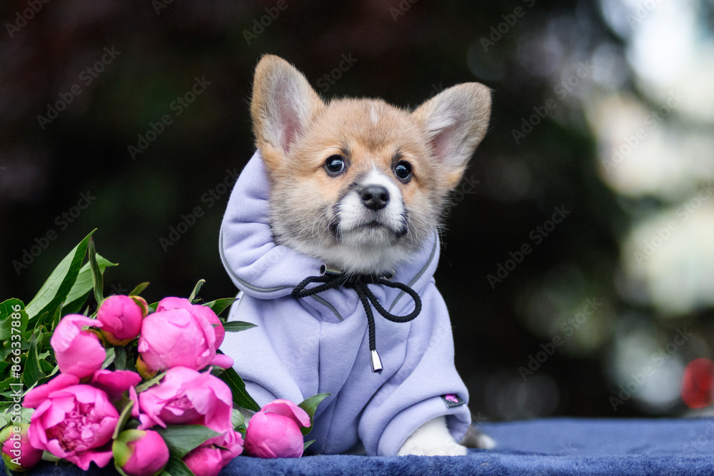 Cute corgi puppy dressed in a hoodie poses with peonies Cute corgi puppy dressed in a hoodie poses with peonies