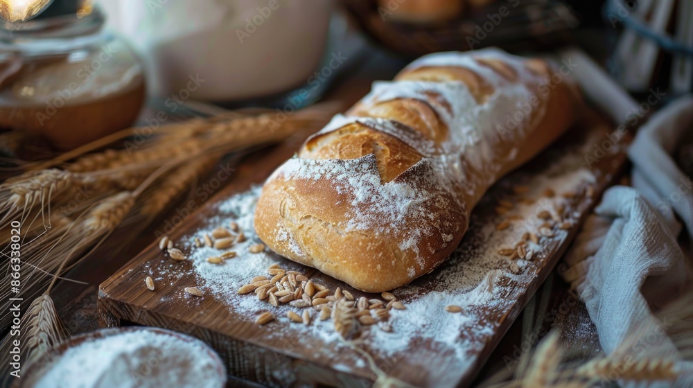 Freshly baked bread on a wooden board with wheat and flour Freshly baked bread on a wooden board with wheat and flour