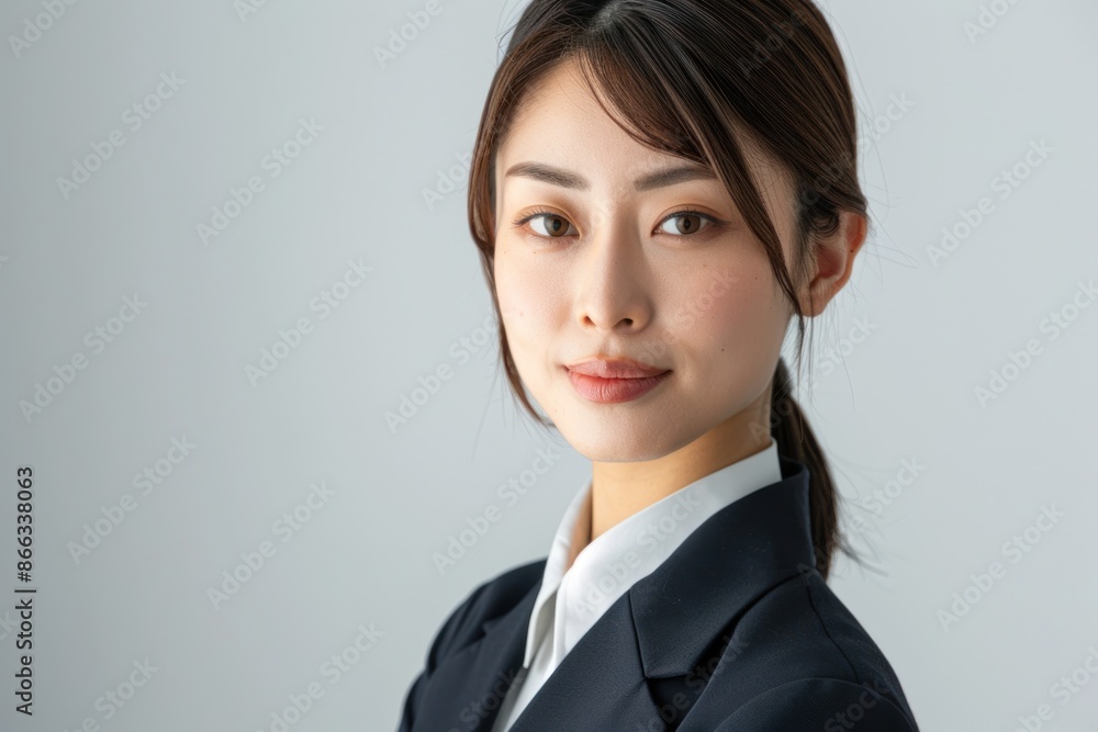 Portrait of a Japanese flight attendant giving safety instructions, high quality photo, photorealistic, professional expression, studio lighting Portrait of a Japanese flight attendant giving safety instructions, high quality photo, photorealistic, professional expression, studio lighting