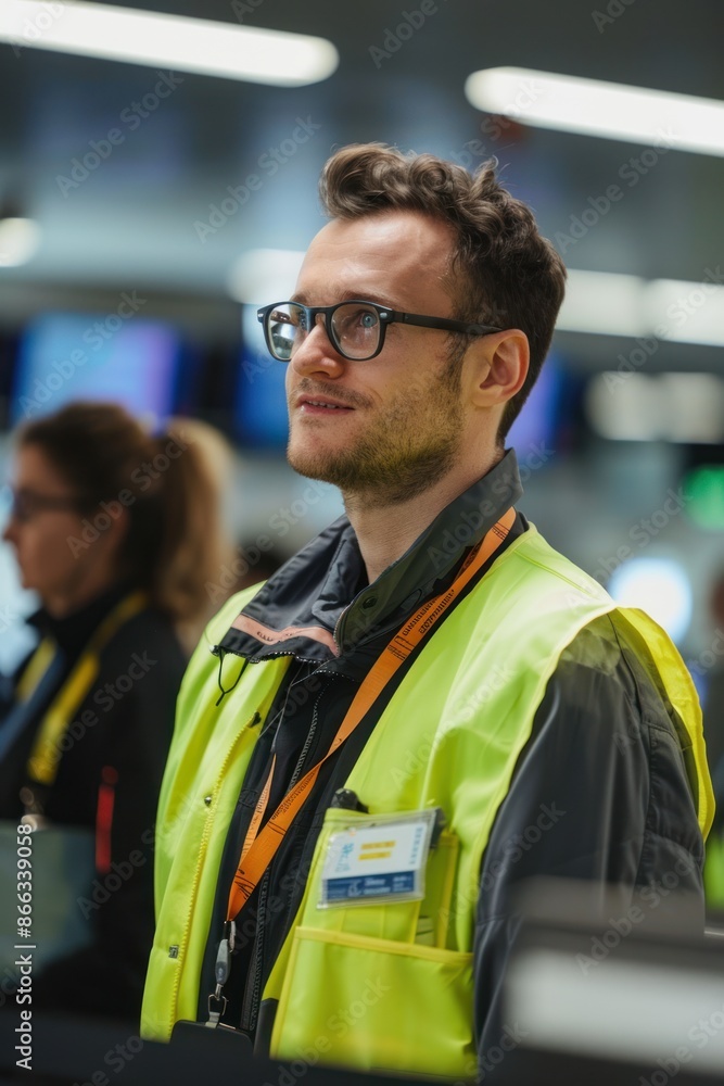 Portrait of a European airport staff member guiding passengers at the gate, high detail, photorealistic, engaging atmosphere, bright environment Portrait of a European airport staff member guiding passengers at the gate, high detail, photorealistic, engaging atmosphere, bright environment