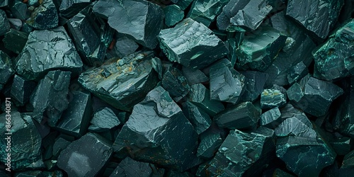 Detailed image of greenblack mineral rocks for geolog. Concept Mineral Identification, Rock and Mineral Composition, Geological Study, Green and Black Minerals, Crystal Formation photo