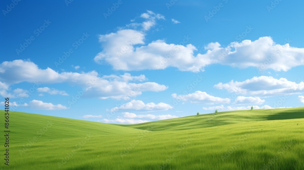 Idyllic Green Hills and Blue Sky with Clouds. Serene Landscape Background Idyllic Green Hills and Blue Sky with Clouds. Serene Landscape Background