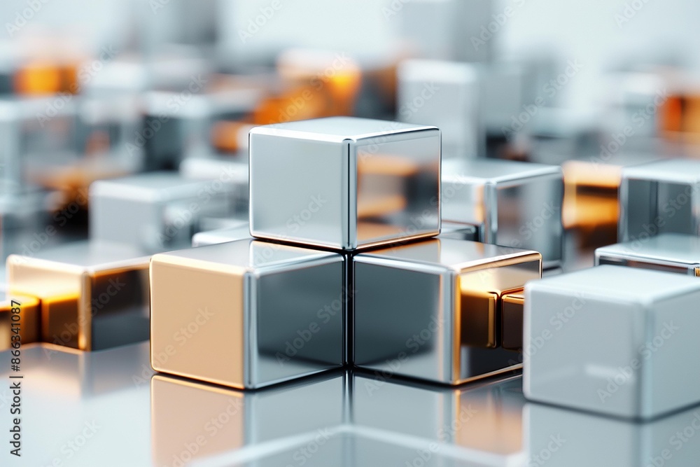 Abstract background with silver and gold cubes, reflecting light and creating a modern minimalist design. Abstract background with silver and gold cubes, reflecting light and creating a modern minimalist design.