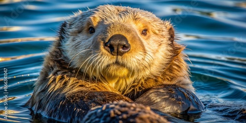Fluffy sea otter displays its remarkable dense undercoat, a thick layer of soft, velvety fur, glistening in the sunlight with subtle shades of brown.