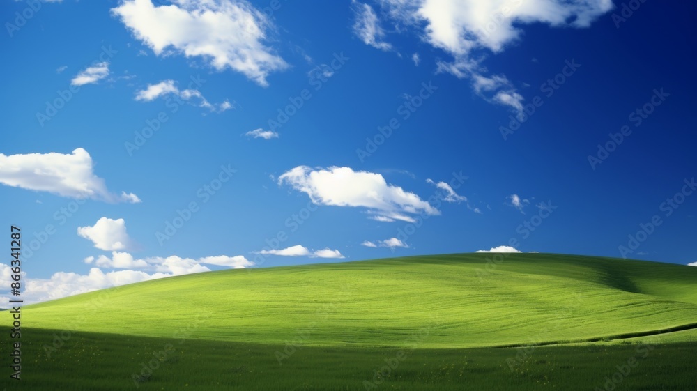 Fototapeta premium Iconic Rolling Green Hill under Blue Sky with Puffy White Clouds. Serene Landscape Background