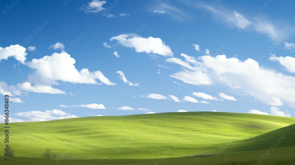 Idyllic Green Hills Under a Blue Sky with Fluffy White Clouds. Concept of nature, peace, serenity, and tranquility. Idyllic Green Hills Under a Blue Sky with Fluffy White Clouds. Concept of nature, peace, serenity, and tranquility.