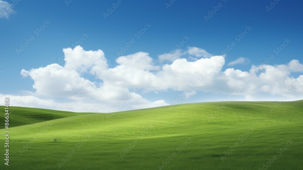 Serene green hills rolling under a bright blue sky dotted with fluffy white clouds. Ideal for nature, landscape, and environment-themed designs. Serene green hills rolling under a bright blue sky dotted with fluffy white clouds. Ideal for nature, landscape, and environment-themed designs.