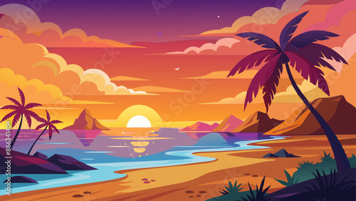 Sunset on Beach landscape vector illustration 