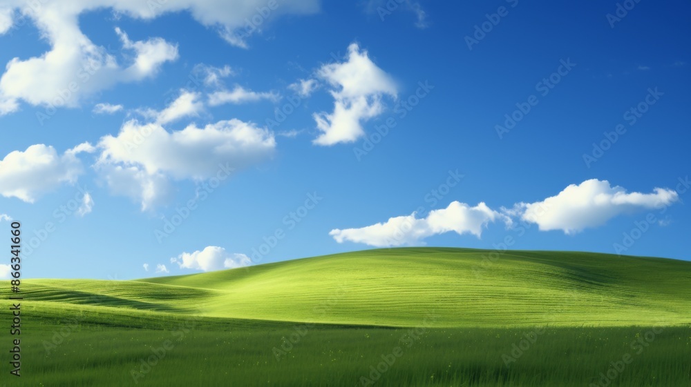 Idyllic Green Hills under a Blue Sky with Fluffy White Clouds. Concept of nature, serenity, peace, and tranquility. Idyllic Green Hills under a Blue Sky with Fluffy White Clouds. Concept of nature, serenity, peace, and tranquility.