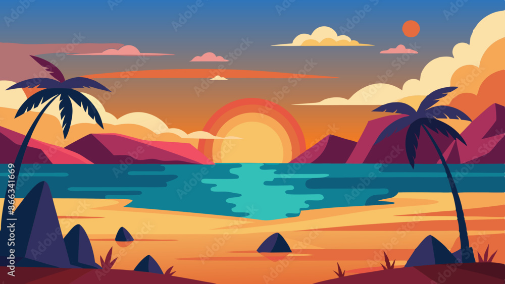 Sunset on Beach landscape vector illustration Sunset on Beach landscape vector illustration