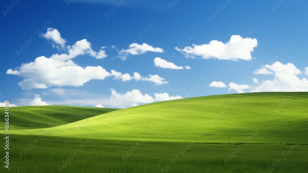 Idyllic Green Hills under Blue Sky with White Clouds, Peaceful Landscape Photography Idyllic Green Hills under Blue Sky with White Clouds, Peaceful Landscape Photography