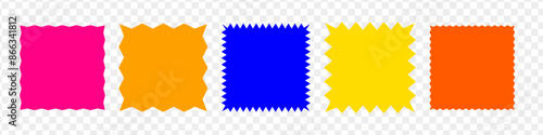 Zigzag edge square shapes collection. Colorful Jagged sticker or stamp set with wavy edges