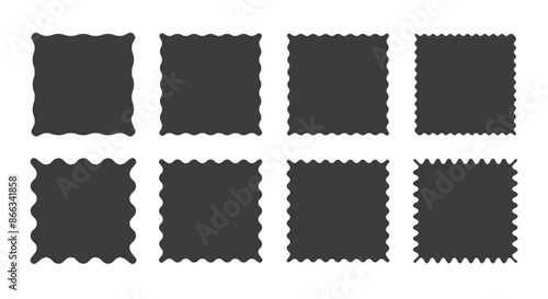Zigzag edge square shapes collection. Jagged sticker or stamp set with wavy edges
