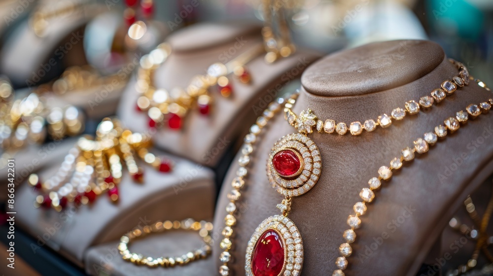 Elegant jewelry display with gold and red gemstones Elegant jewelry display with gold and red gemstones